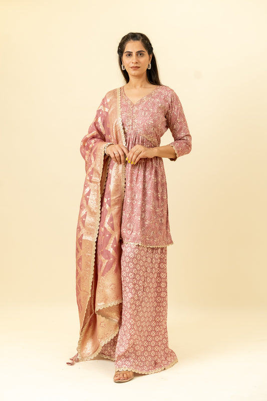 Gajari Cotton Readymade Suit And Palazzo With Organza Dupatta