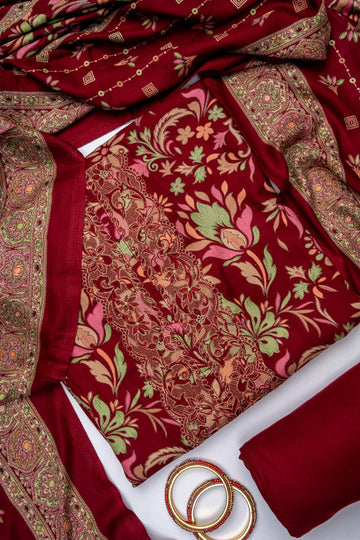 Maroon Pashmina Unstitched Salwar Suit With Cotton Dupatta