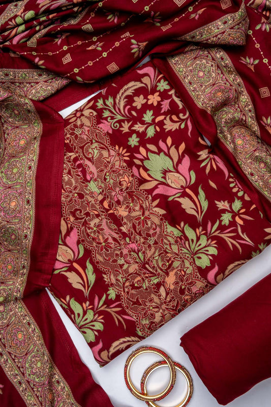 Maroon Pashmina Unstitched Salwar Suit With Cotton Dupatta