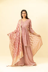 Gajari Cotton Kurti And Palazzo With Organza Dupatta