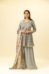 Grey Cotton Readymade Suit And Palazzo With Organza Dupatta