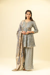 Grey Cotton Readymade Suit And Palazzo With Organza Dupatta