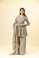 Grey Cotton Kurti And Palazzo With Organza Dupatta