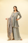 Grey Cotton Readymade Suit And Palazzo With Organza Dupatta