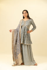 Grey Cotton Kurti And Palazzo With Organza Dupatta