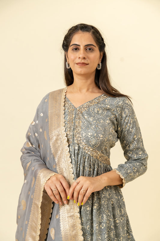 Grey Cotton Readymade Suit And Palazzo With Organza Dupatta