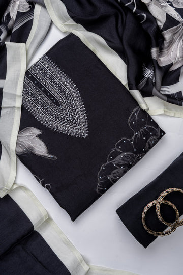 Black Crepe Unstitched Salwar Suit With Cotton Dupatta