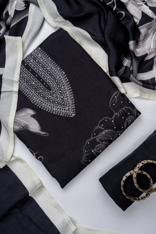 Black Crepe Unstitched Salwar Suit With Cotton Dupatta