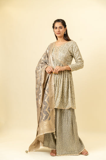 Grey Cotton Readymade Suit And Palazzo With Oragnza Dupatta