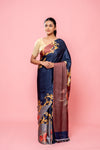 Midnight Blue Satin Digital Printed Saree With Unstitched Blouse