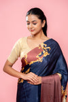 Midnight Blue Satin Digital Printed Saree With Unstitched Blouse