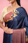 Midnight Blue Satin Digital Printed Saree With Unstitched Blouse