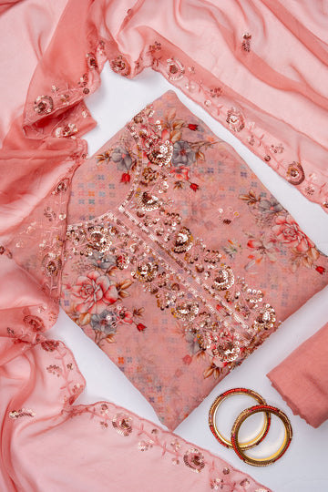 Peach Georgette Unstitched Salwar Suit With Chiffon Dupatta