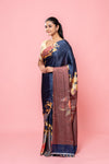 Midnight Blue Satin Digital Printed Saree With Unstitched Blouse