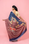 Midnight Blue Satin Digital Printed Saree With Unstitched Blouse