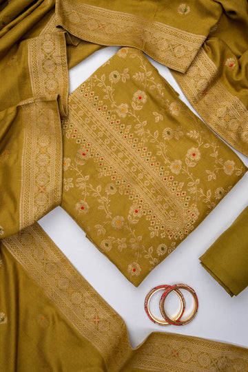 Pista Pashmina Unstitched Salwar Suit With Pashmina Dupatta