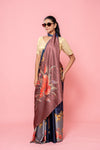Midnight Blue Satin Digital Printed Saree With Unstitched Blouse
