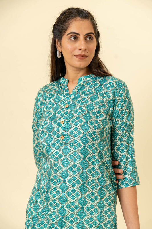 Tea Green Digital Printed Cotton Long Kurta