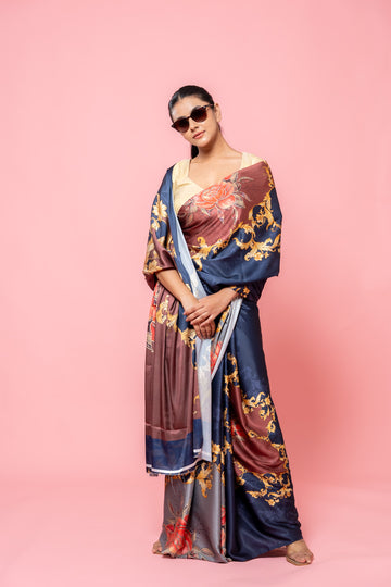 Midnight Blue Satin Digital Printed Saree With Unstitched Blouse