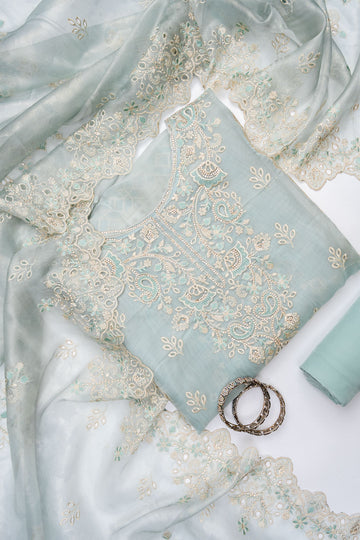 Tea Green Organza Unstitched Salwar Suit With Organza Dupatta