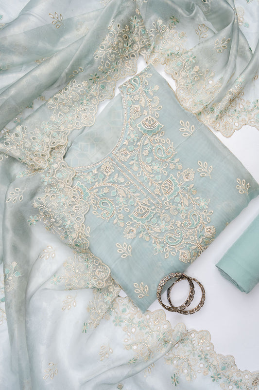 Tea Green Organza Unstitched Salwar Suit With Organza Dupatta