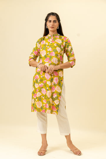 Mehndi Floral Printed Cotton Readymade Long Kurta