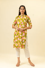 Mehndi Floral Printed Cotton Long Kurta