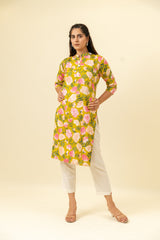 Mehndi Floral Printed Cotton Long Kurta