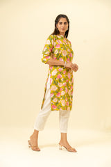 Mehndi Floral Printed Cotton Long Kurta