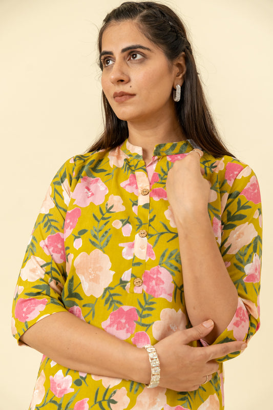 Mehndi Floral Printed Cotton Readymade Long Kurta