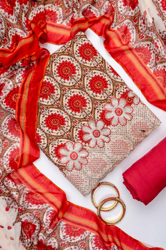 Tussar Rust Pashmina Unstitched Salwar Suit With Cotton Dupatta