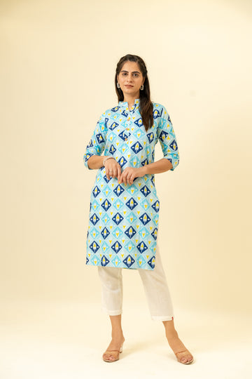 Sky Blue Digital Printed Cotton Readymade Long Kurta