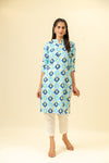 Sky Blue Digital Printed Cotton Readymade Long Kurta