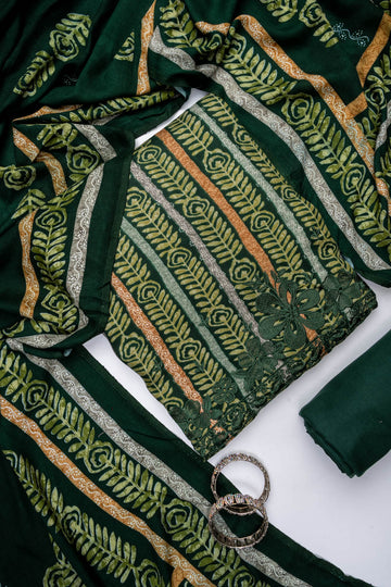 Bottle Green Pashmina Unstitched Salwar Suit With Pashmina Dupatta