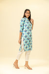 Sky Blue Digital Printed Cotton Readymade Long Kurta