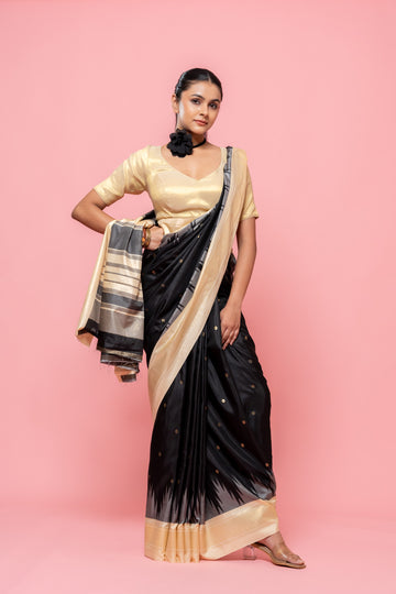 Black Dola Silk Saree With Unstitched Blouse