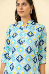 Sky Blue Digital Printed Cotton Readymade Long Kurta