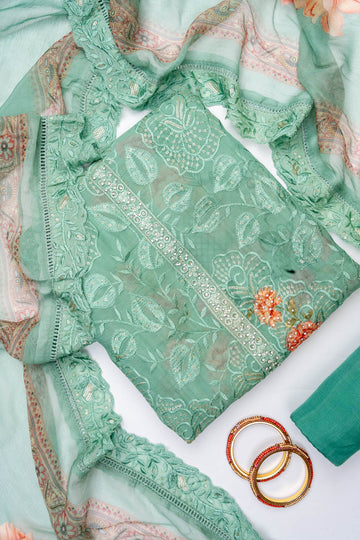 Sea Green Georgette Unstitched Suit With Chiffon Dupatta