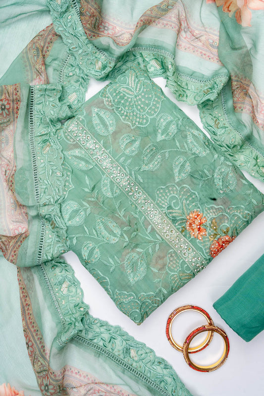 Sea Green Georgette Unstitched Suit With Chiffon Dupatta