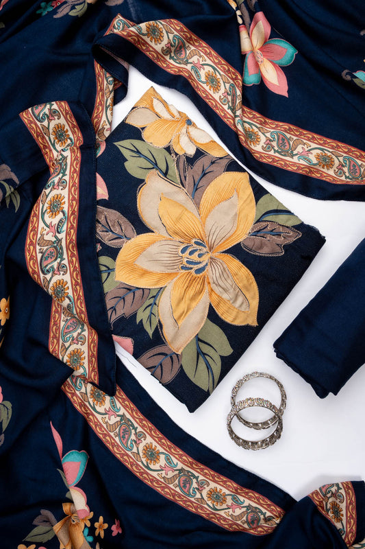 Navy Blue Pashmina Unstitched Salwar Suit With Pashmina Dupatta