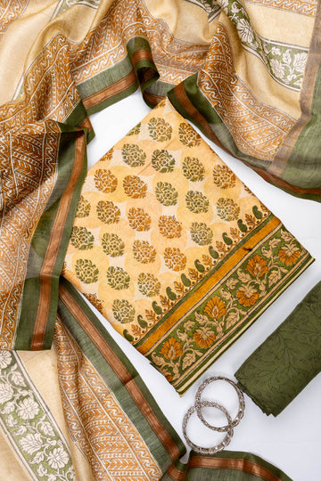 Tussar Mehendi Cotton Unstitched Salwar Suit With Cotton Dupatta