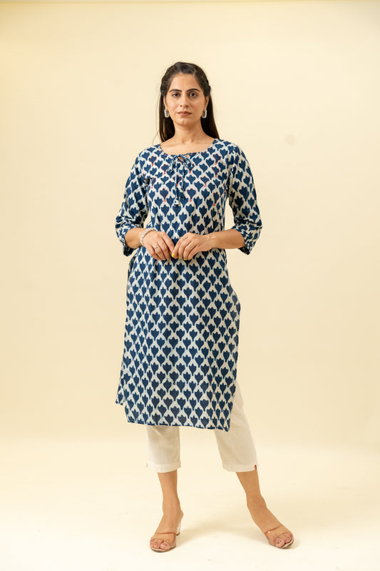 Midnight Blue Digital Printed Cotton Readymade Long Kurta