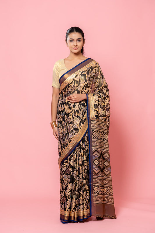 Black Georgette Printed Saree With Unstitched Blouse