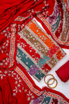 Red Pashmina Unstitched Salwar Suit With Pashmina Dupatta