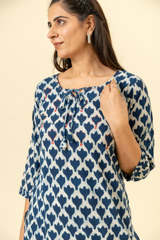 Midnight Blue Digital Printed Cotton Readymade Long Kurta