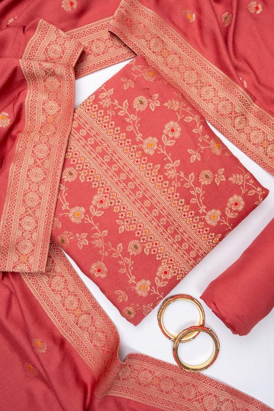 Gajari Pashmina Unstitched Salwar Suit With Pashmina Dupatta