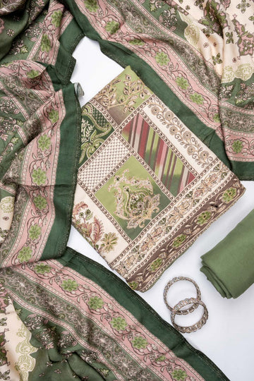 Tussar Pista Pashmina Unstitched Salwar Suit With Pashmina Dupatta