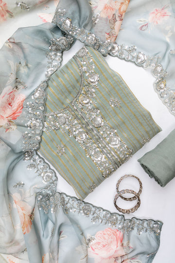 Olive Organza Unstitched Salwar Suit With Organza Dupatta