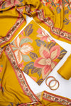 Mustard Pashmina Unstitched Salwar Suit With Pashmina Dupatta