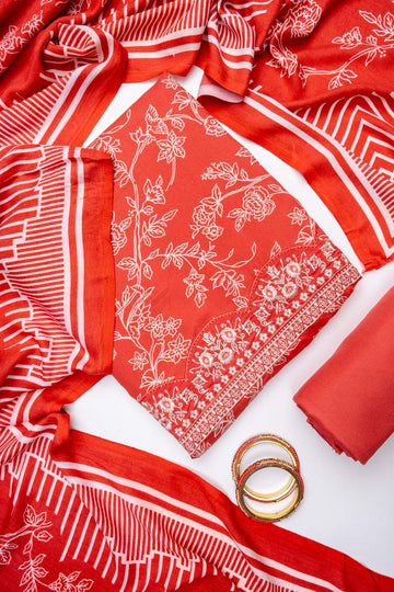 Coral Pashmina Unstitched Salwar Suit With Pashmina Dupatta